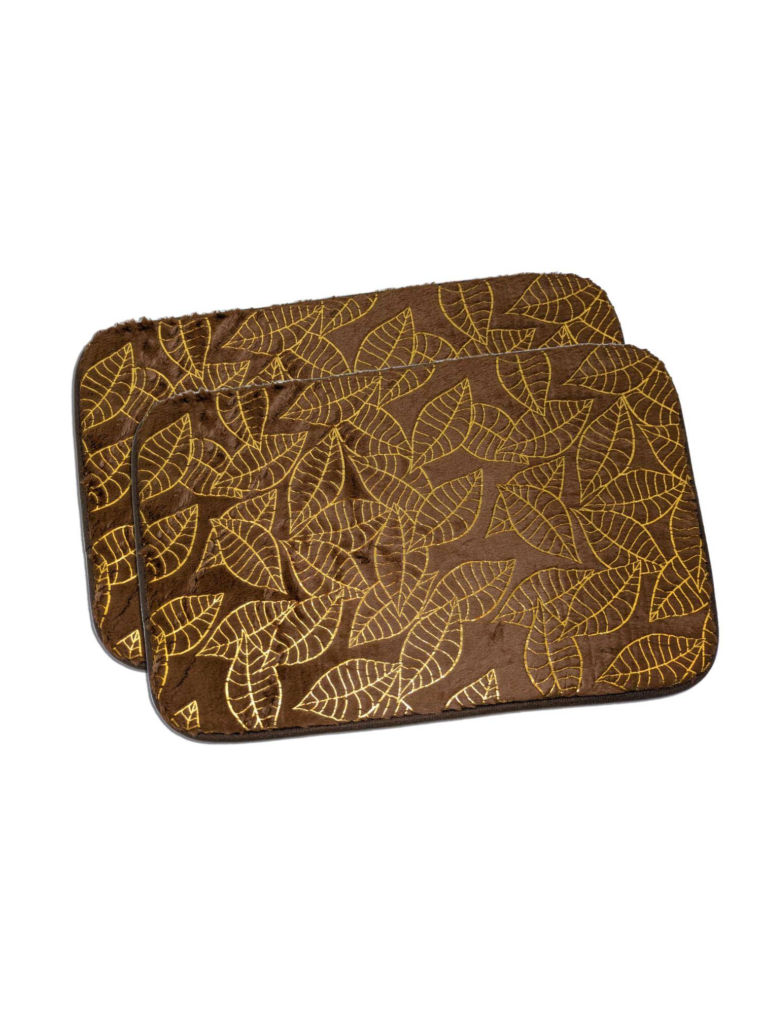 Black Gold Premium Velvet Leaf Design Anti-Slip Floor Mat Brown (Pack of 2)