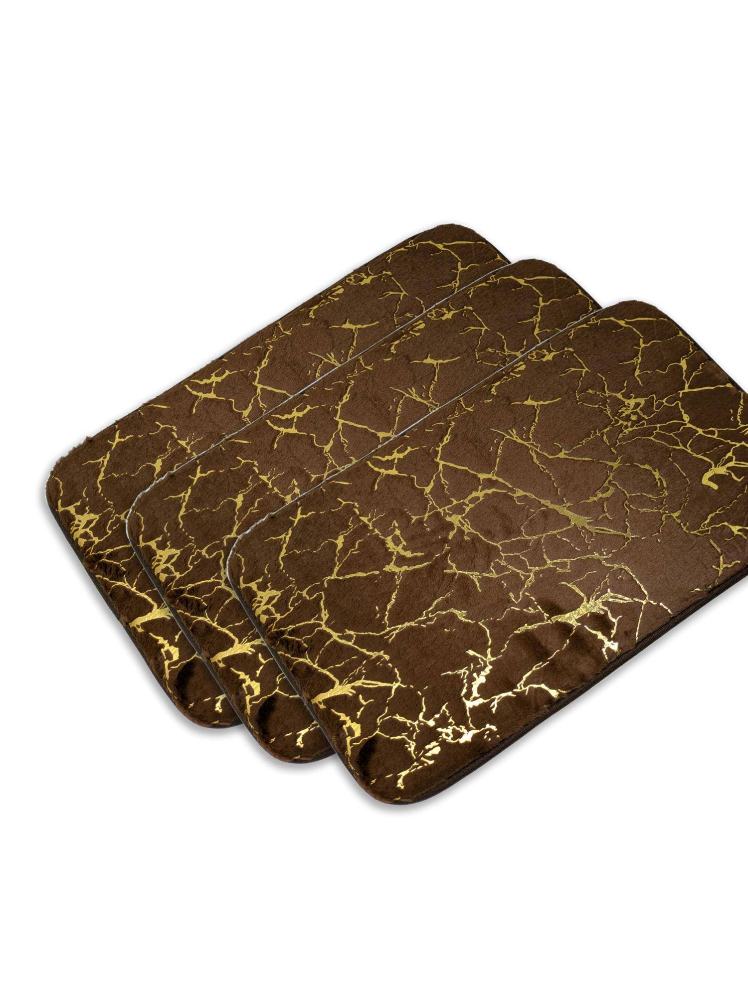 Black Gold Premium Velvet Leaf Design Anti-Slip Floor Mat Brown (Pack of 3)