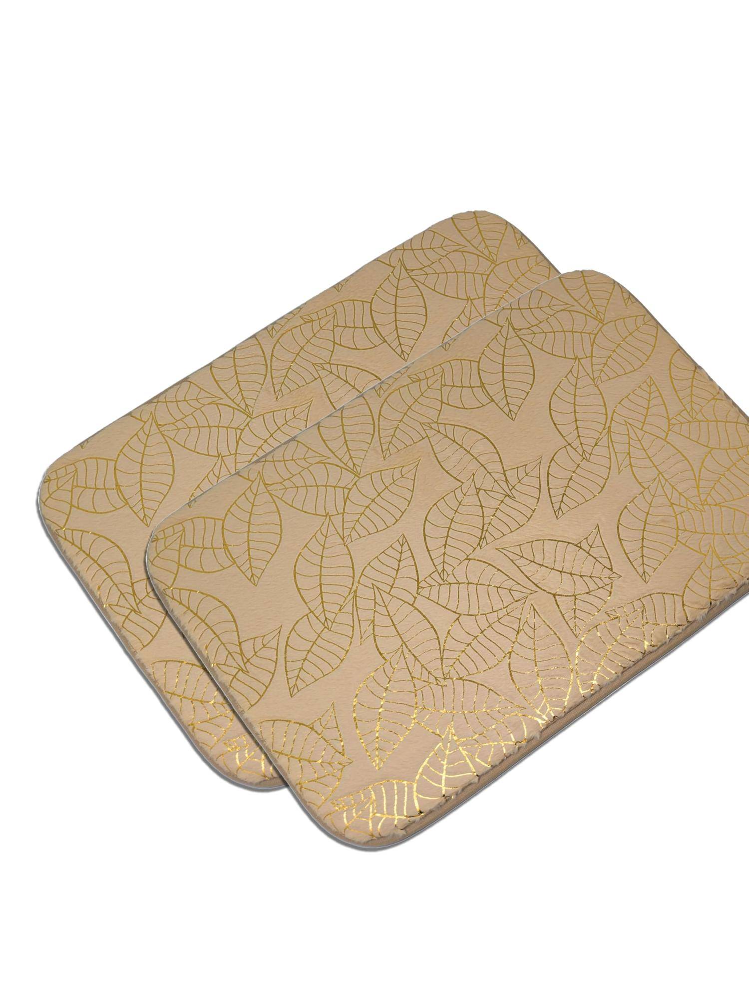 Black Gold Premium Velvet Leaf Design Anti-Slip Floor Mat Beige (Pack of 2)
