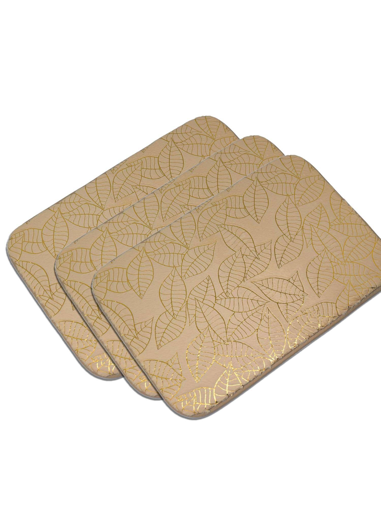 Black Gold Premium Velvet Leaf Design Anti-Slip Floor Mat Beige (Pack of 3)