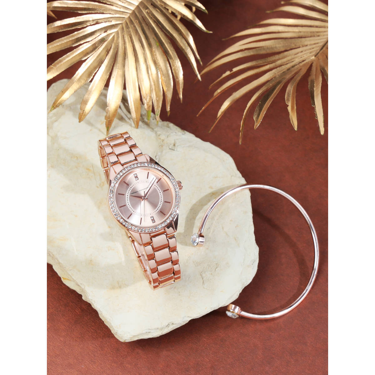 French Connection Rose Gold Women Analog Watch with Bracelet Gift Set (FCW03RGM-R) (M)