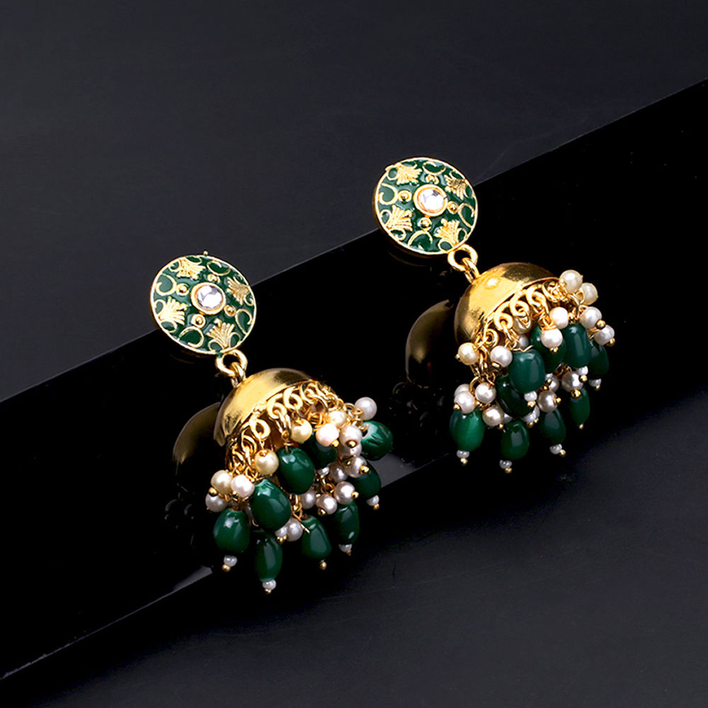 Yellow Chimes Emerald Green With Golden Meenkari Jhumka Reviews Online ...