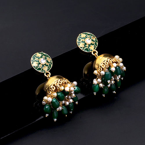 Buy Yellow Chimes Emerald Green With Golden Meenkari Jhumka Online