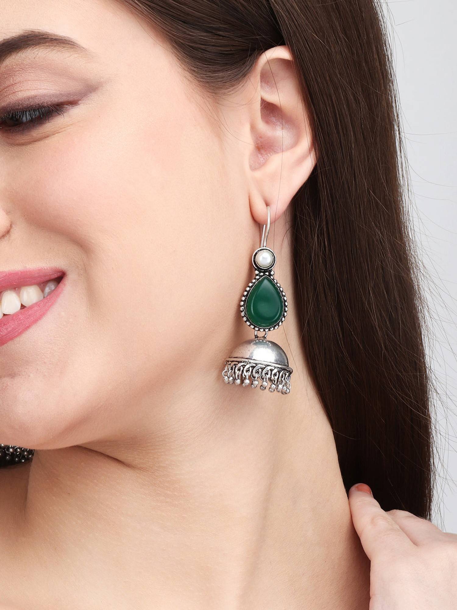 Anvik Contemporary Drop Jhumka with Monalisa Stone Dark Green