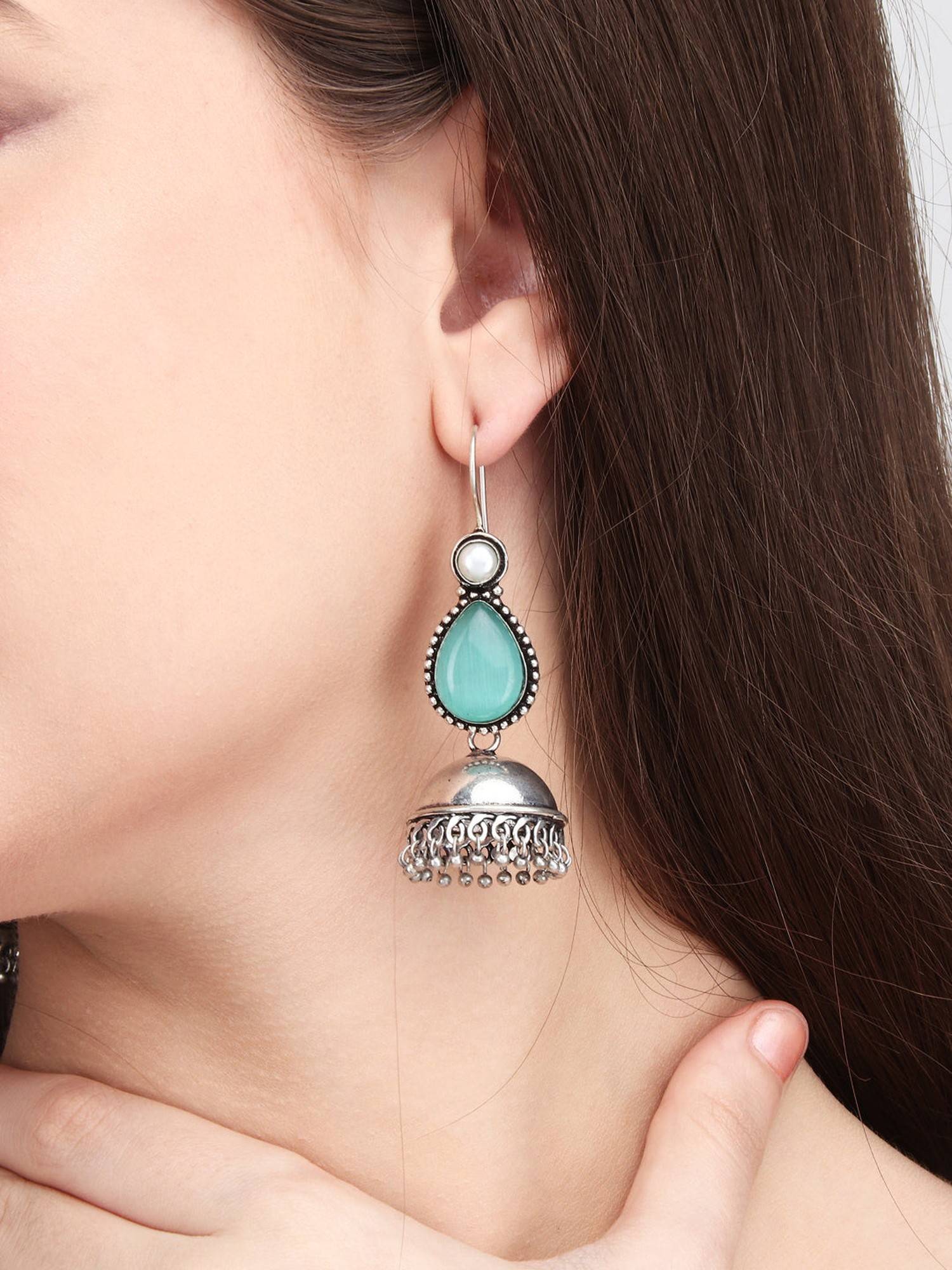 Anvik Contemporary Drop Jhumka with Monalisa Stone Green