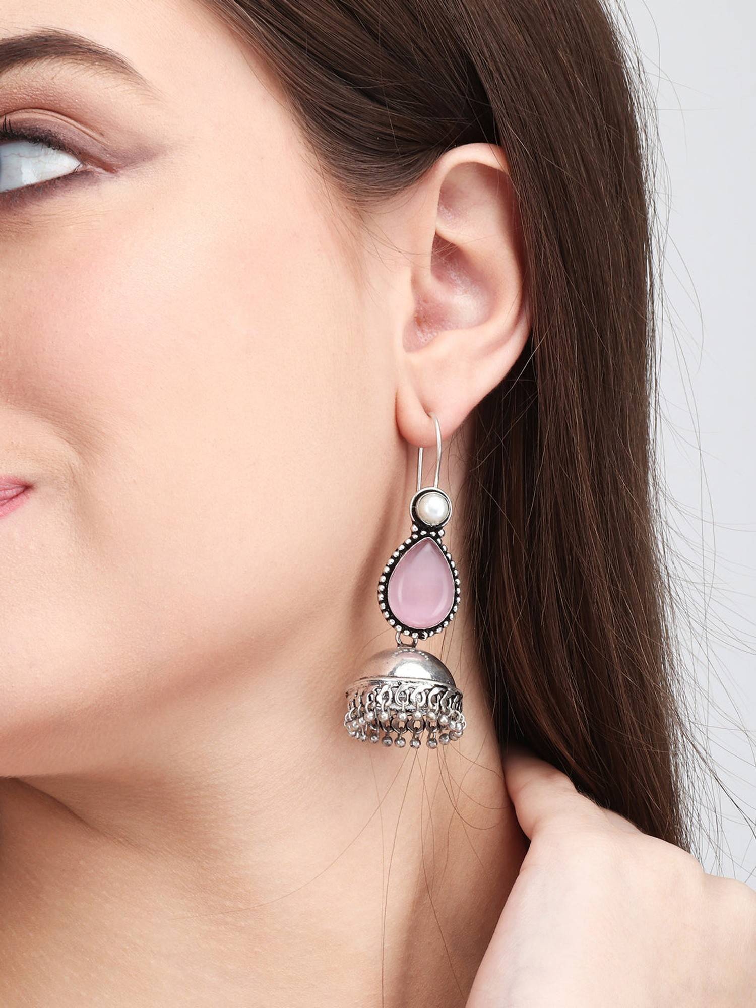Anvik Contemporary Drop Jhumka with Monalisa Stone Pink