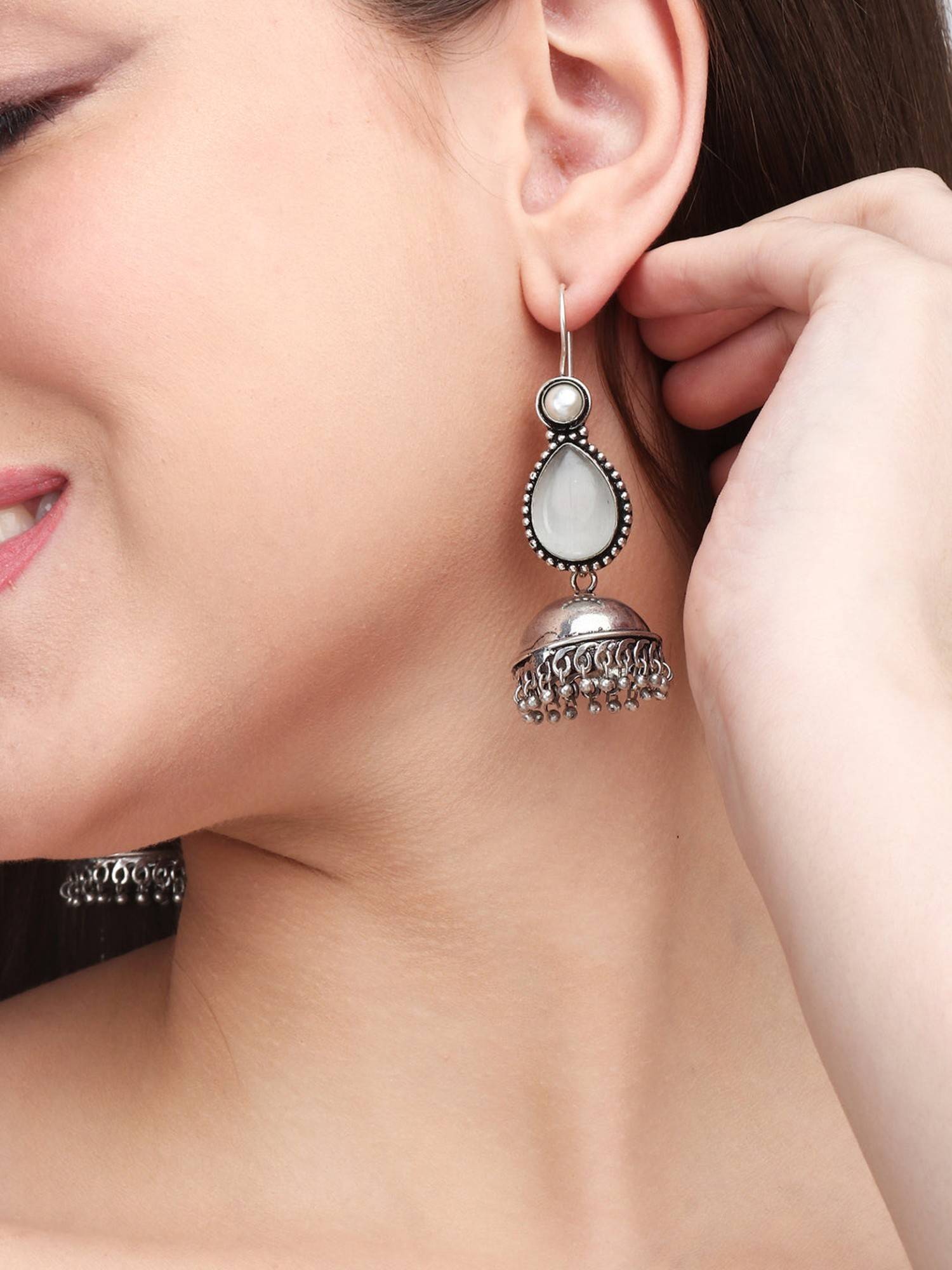 Anvik Contemporary Drop Jhumka with Monalisa Stone White