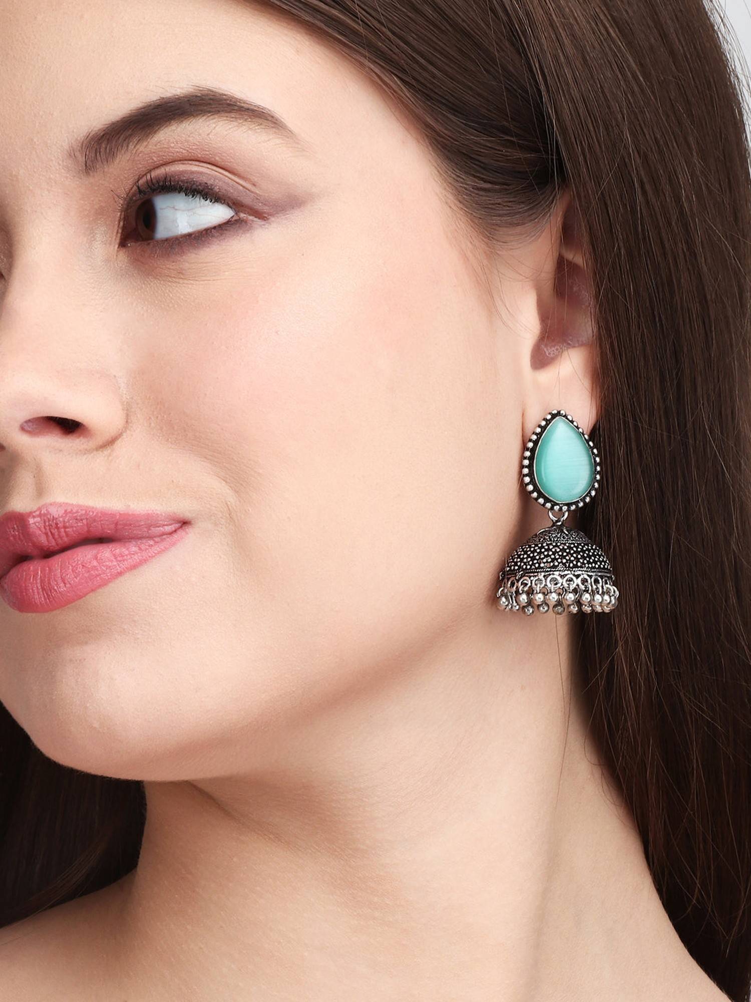 Anvik Contemporary Jhumka with Monalisa Stone - Mint