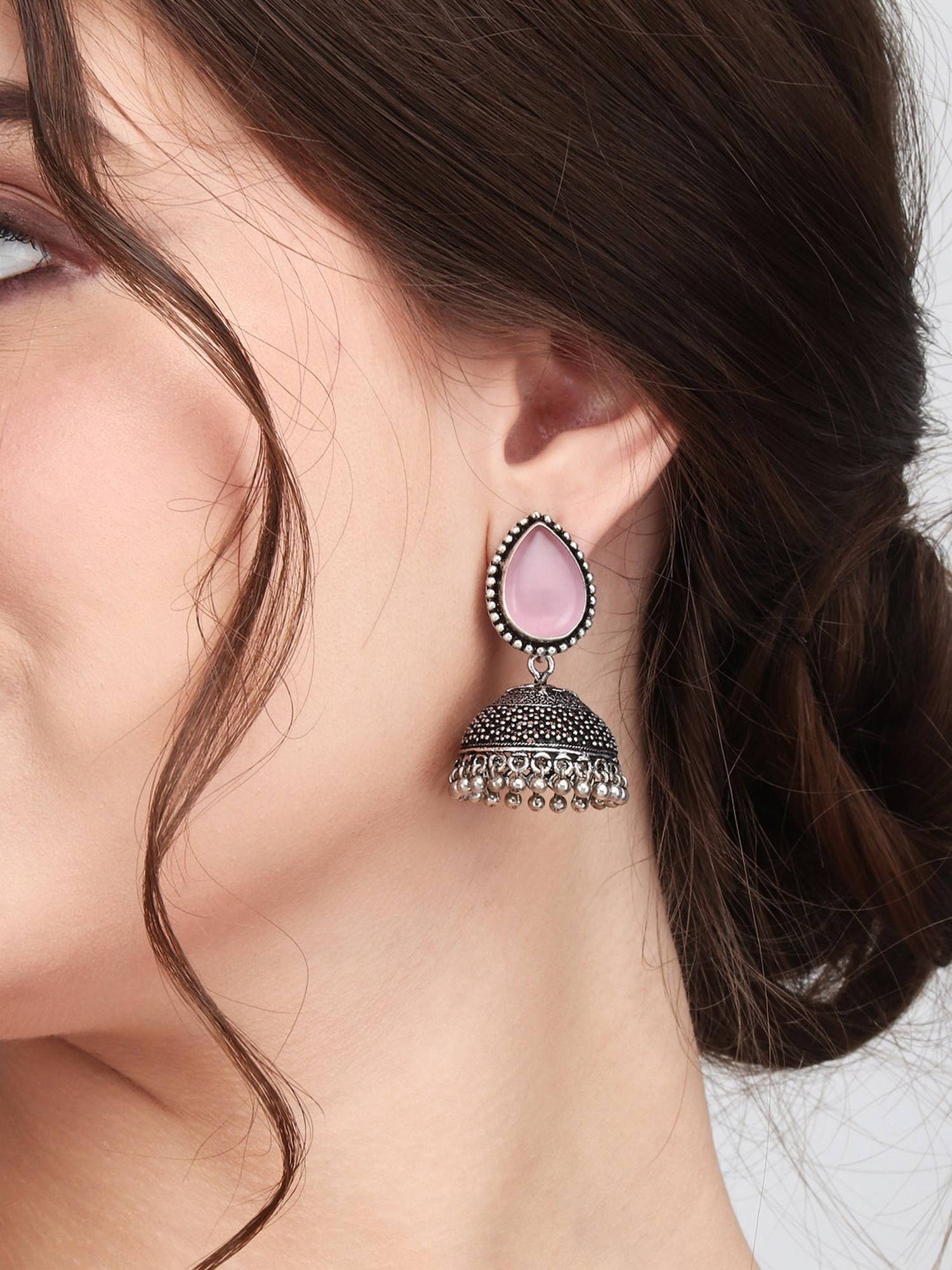 Anvik Contemporary Jhumka with Monalisa Stone - Pink