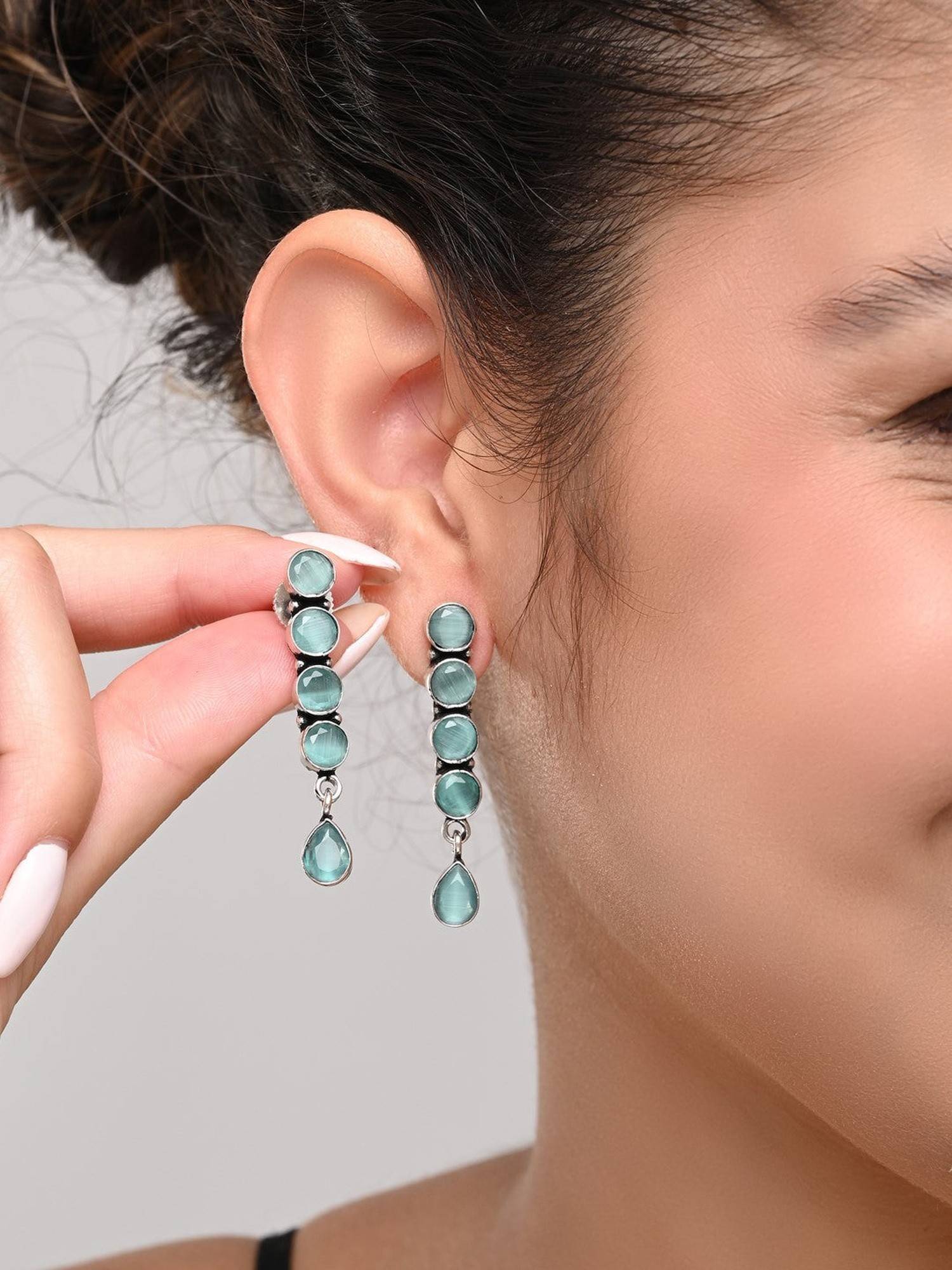 Anvik Elegant Long Stud Earrings with Teardrop Design Mint