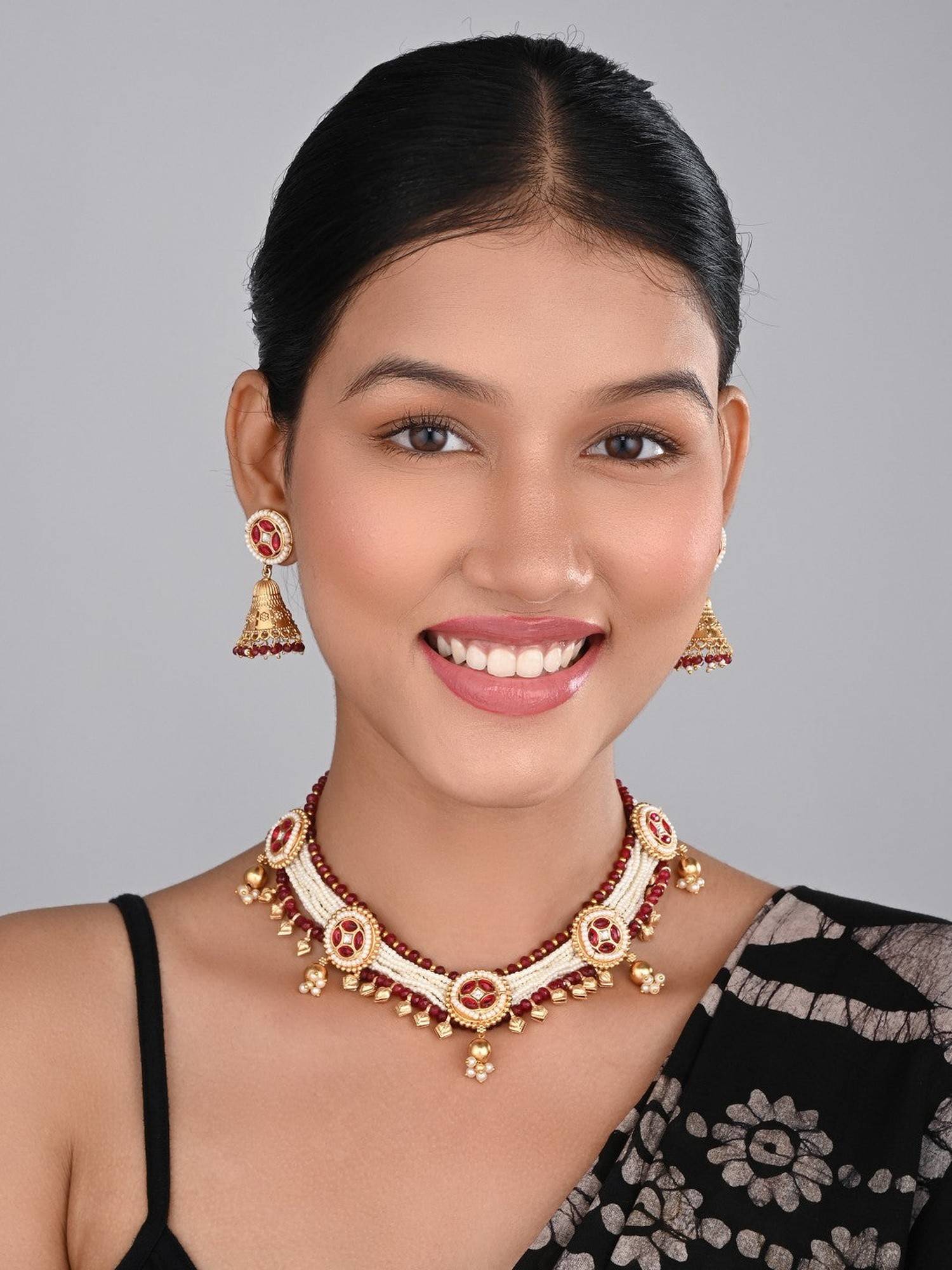 Anvik Gold Plated, Brass Necklace and Earring Set - Red