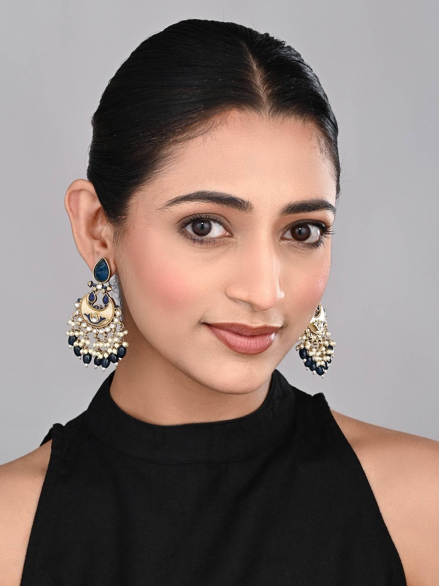 Anvik Gold-Plated Meenakari Chandbali Earrings with Kundan and Pearl Cluster Drops - Blue