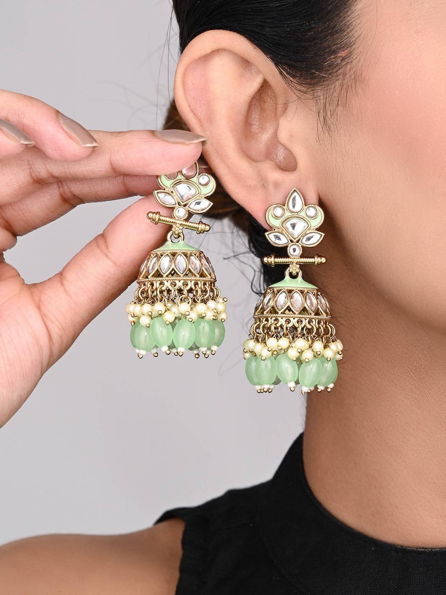 Anvik Gold Plated Kundan and Meenakari Jhumka Earrings - Sage Green