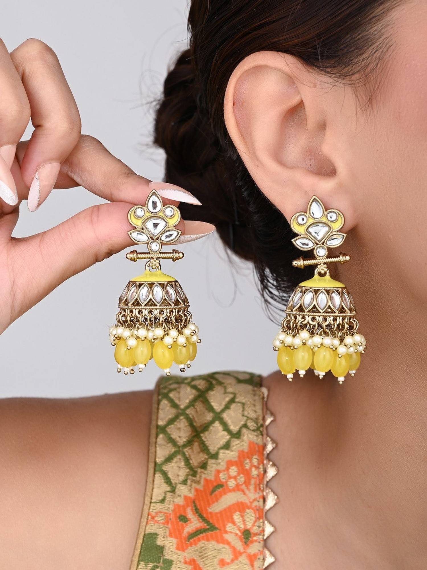 Anvik Gold Plated Kundan and Meenakari Jhumka Earrings - Yellow