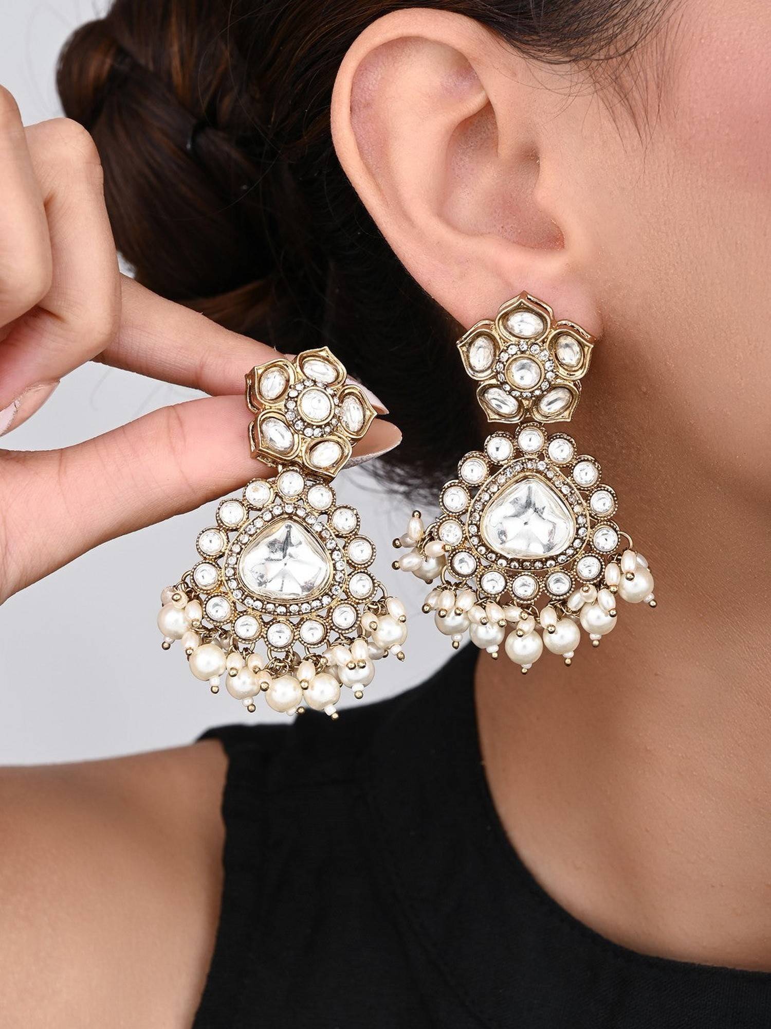 Anvik Gold Plated Kundan and Pearl Drop Earrings