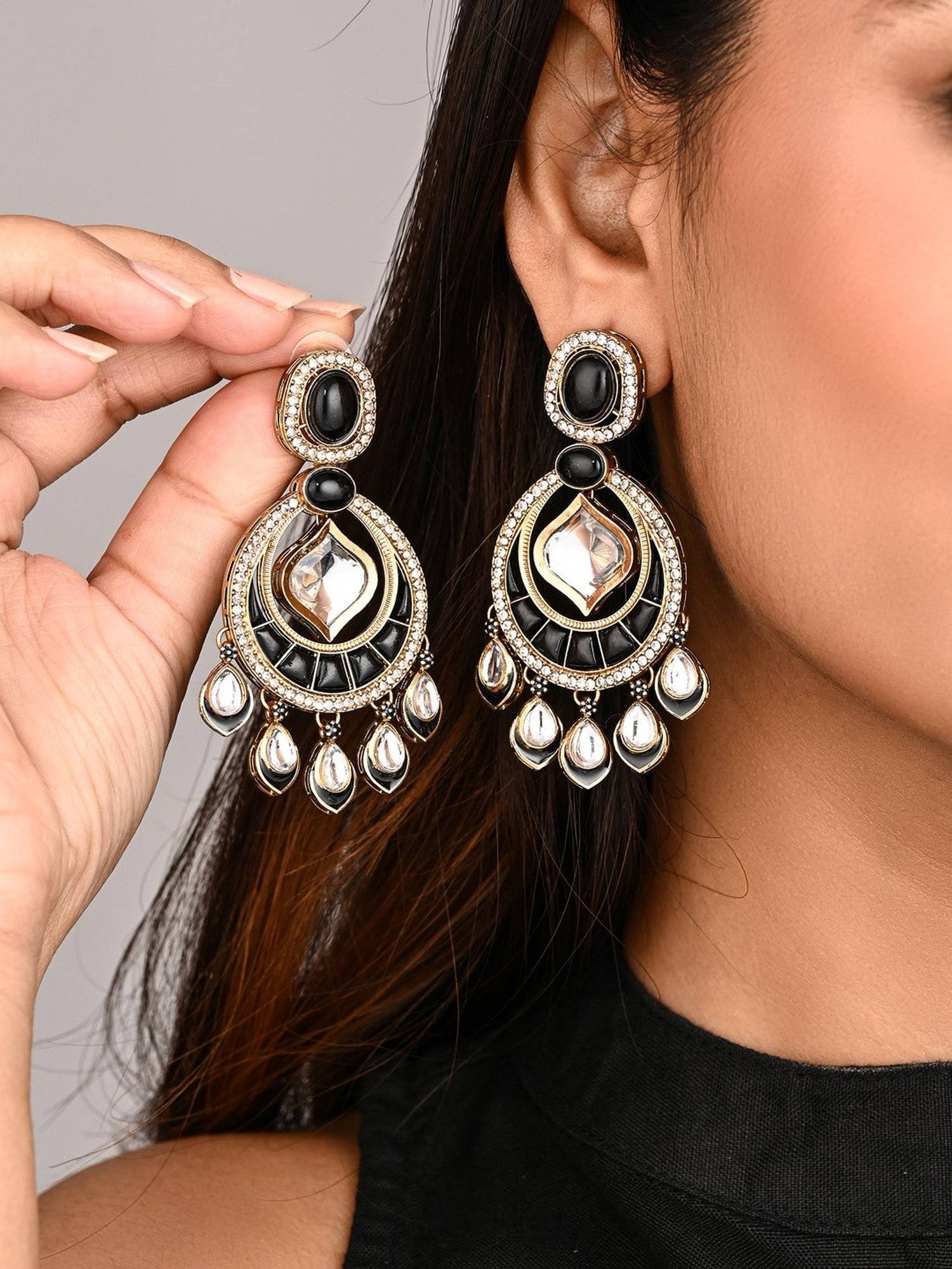 Anvik Kundan Chandbali Earrings with Teardrop Danglers- Black