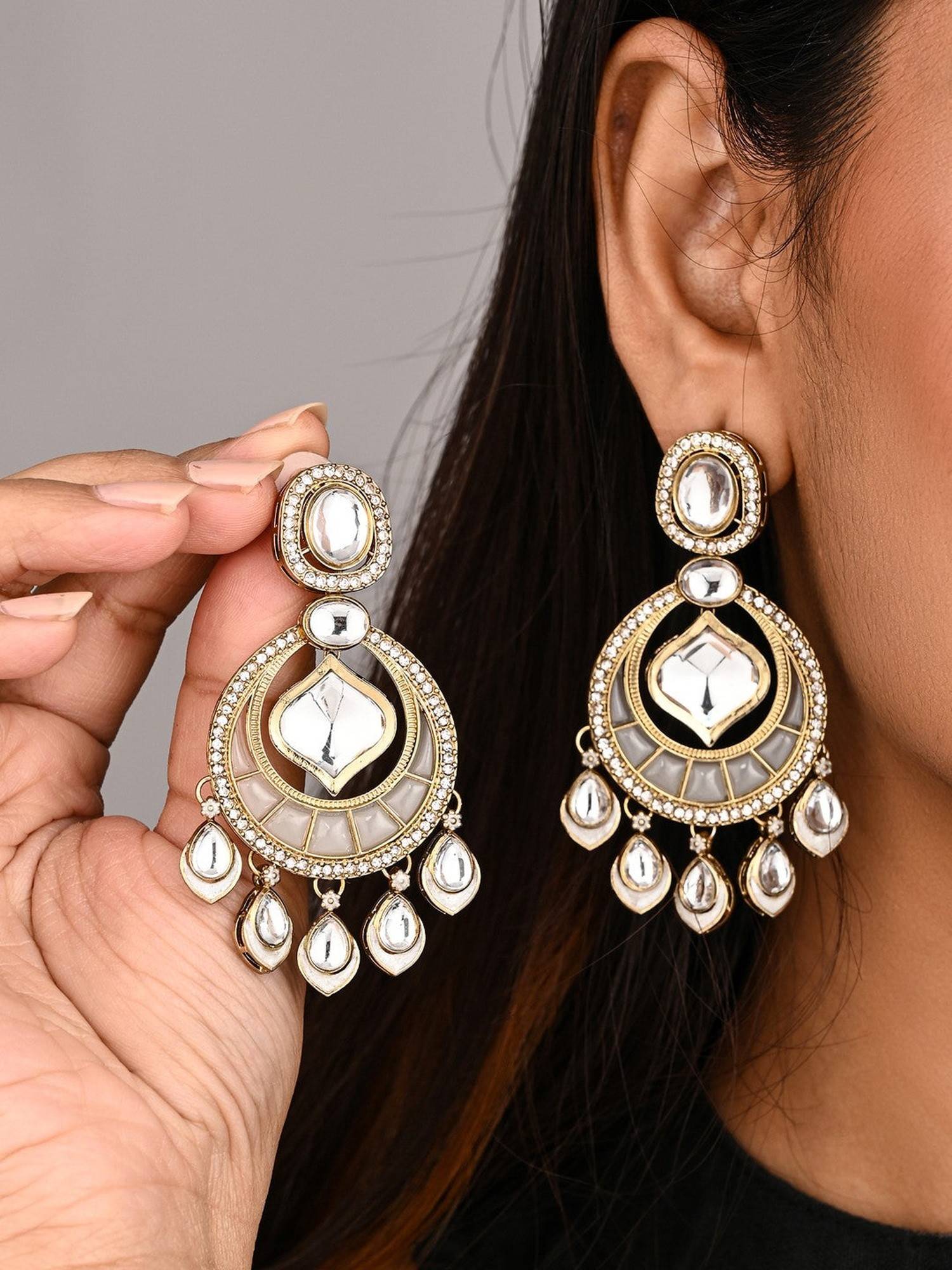 Anvik Kundan Chandbali Earrings with Teardrop Danglers- White