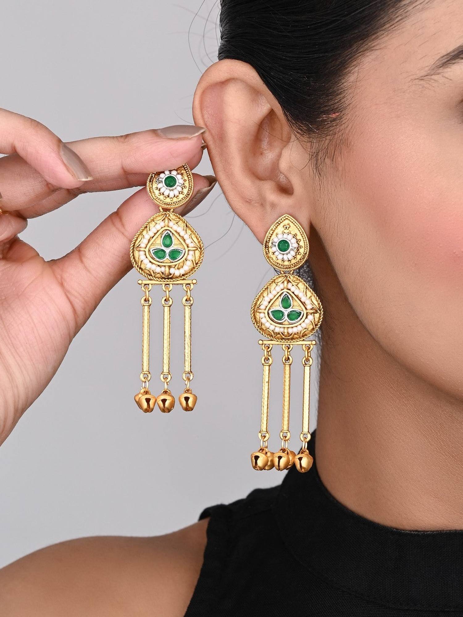 Anvik Antique Gold Temple Drop Earrings Green
