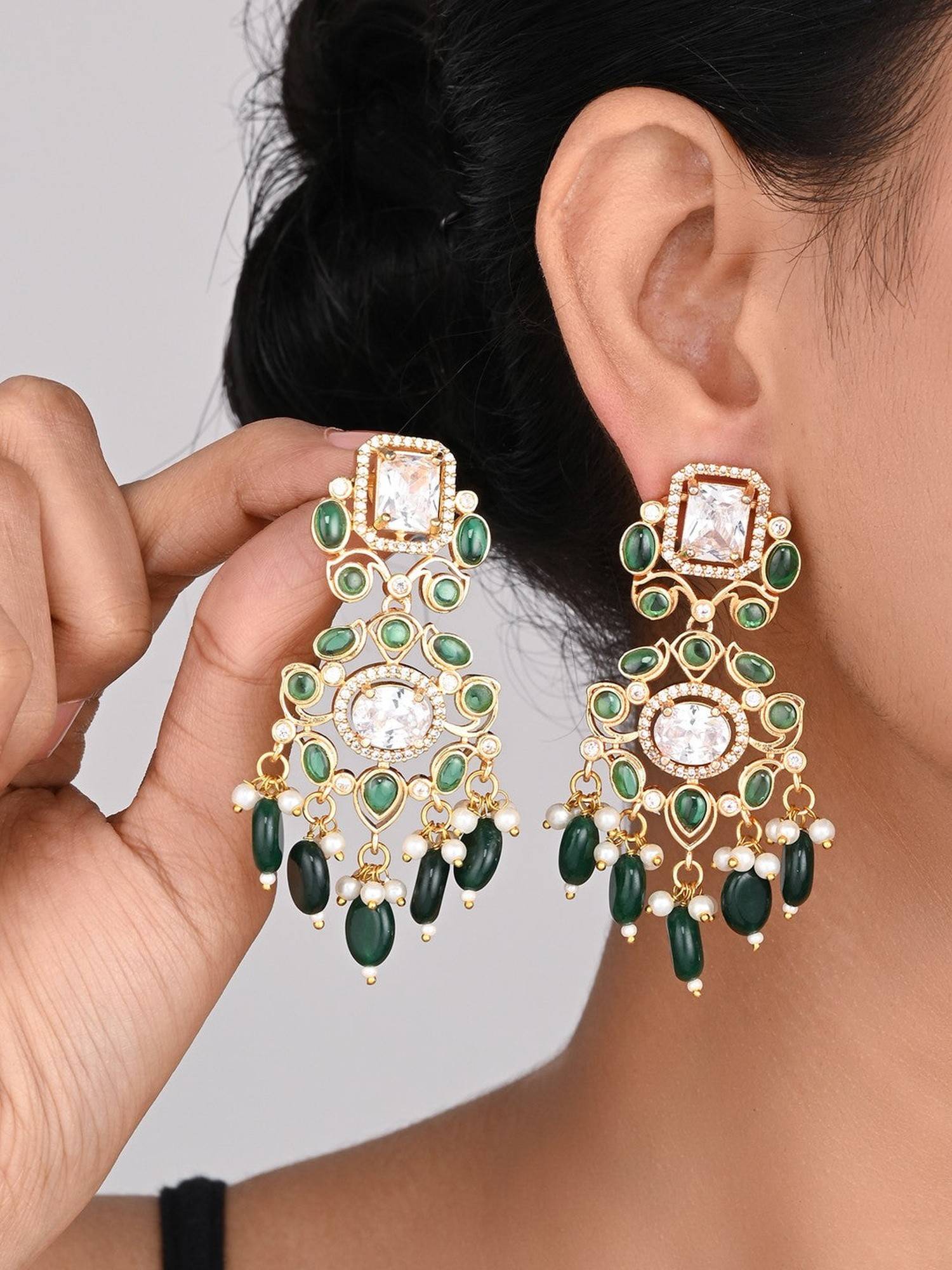 Anvik Gold Plated Kundan and Ad Stone Chandbali Bali - Green