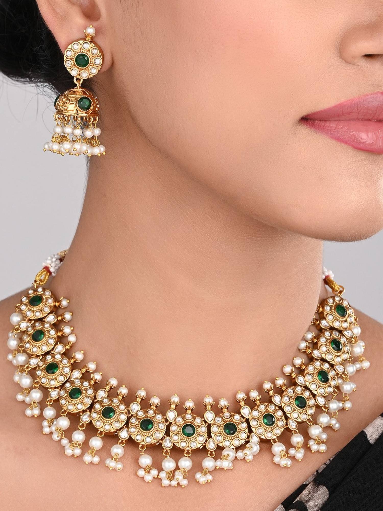 Anvik Gold-Plated Kemp Stone Necklace Set with Jhumka Earrings Green