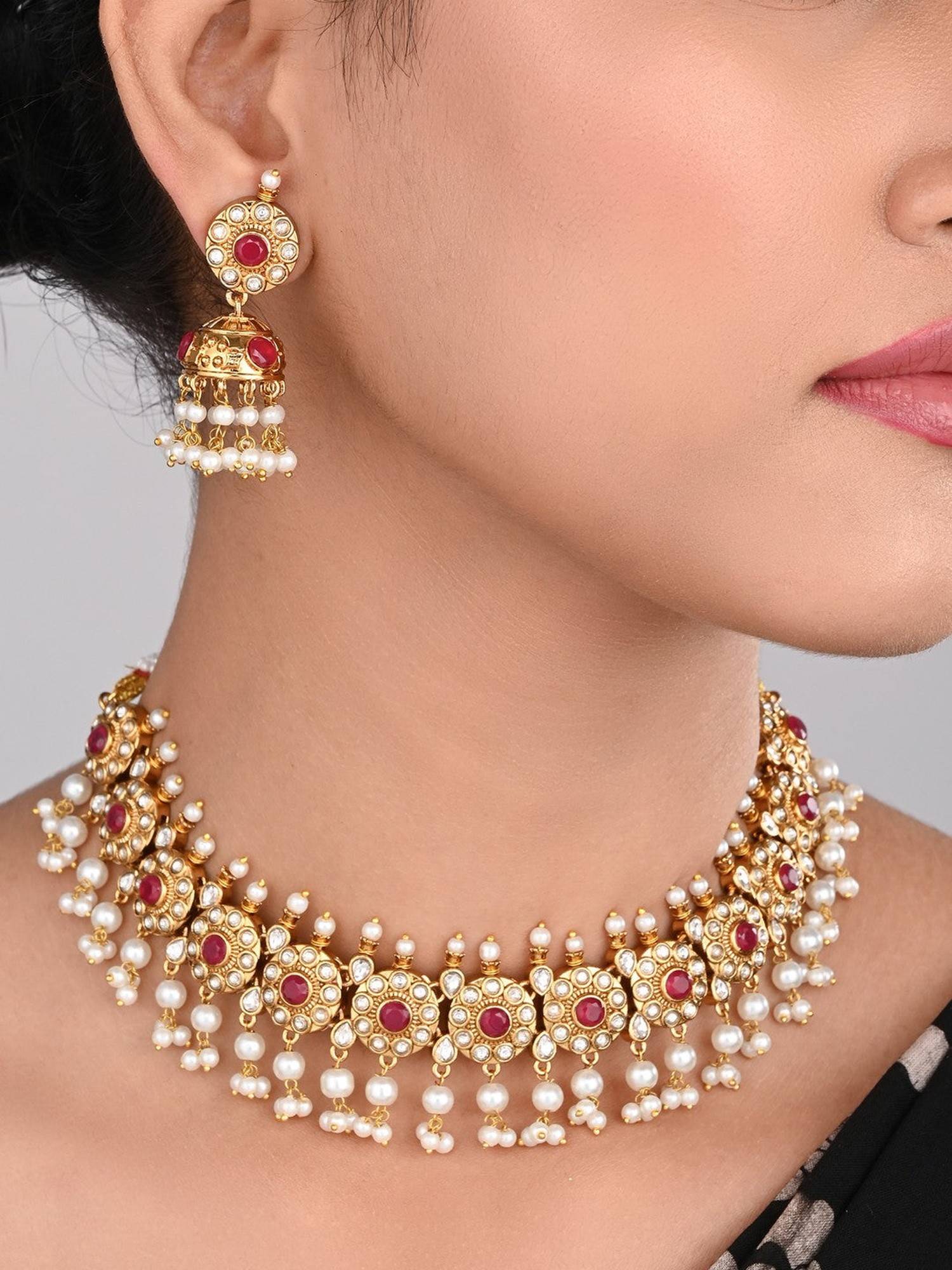 Anvik Gold-Plated Kemp Stone Necklace Set with Jhumka Earrings Red