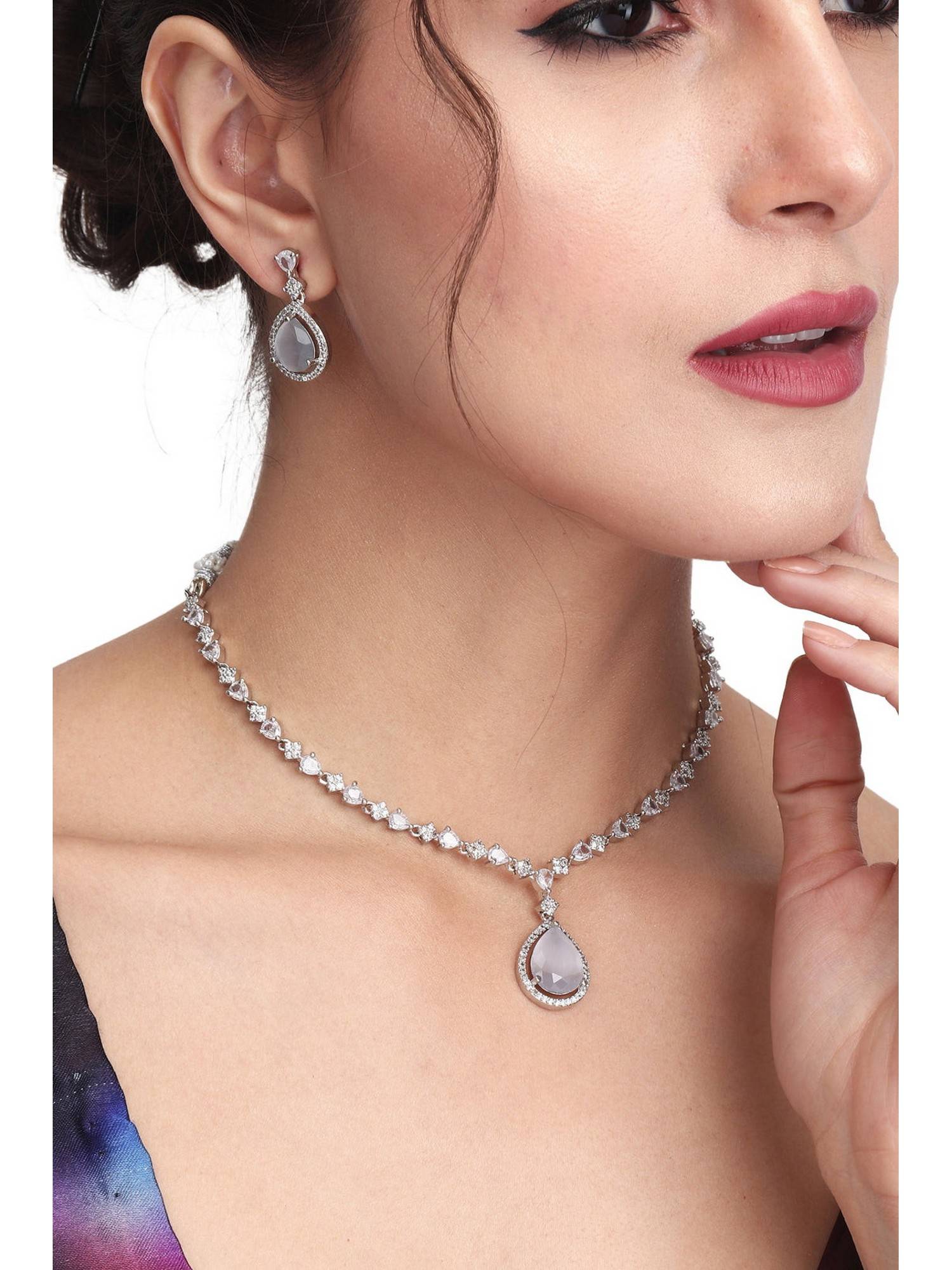 Anvik Cz Necklace with Pendant and Drop Earring Set In White