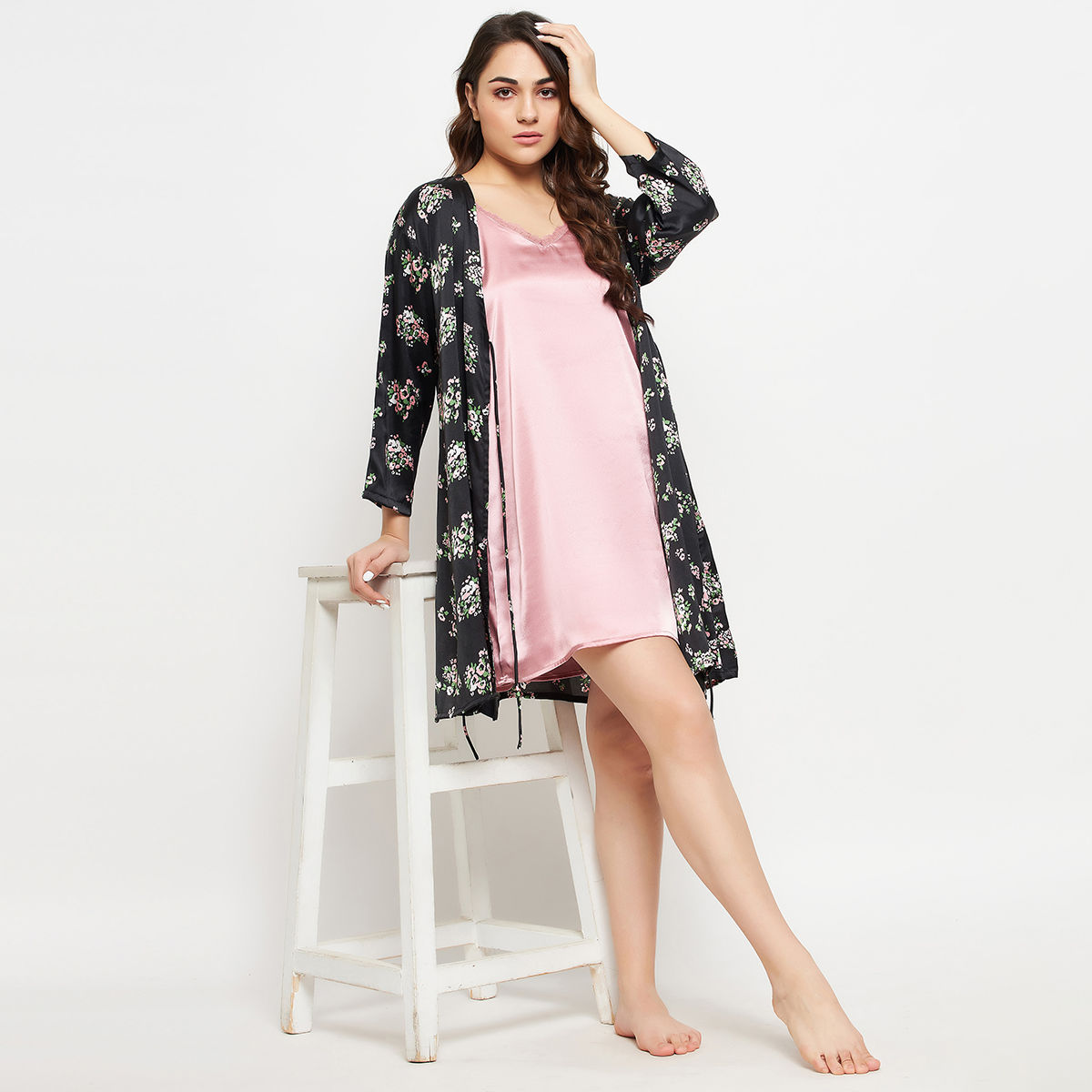 Clovia Chic Basic Night Dress & Pretty Florals Robe Set - Satin -Black ...