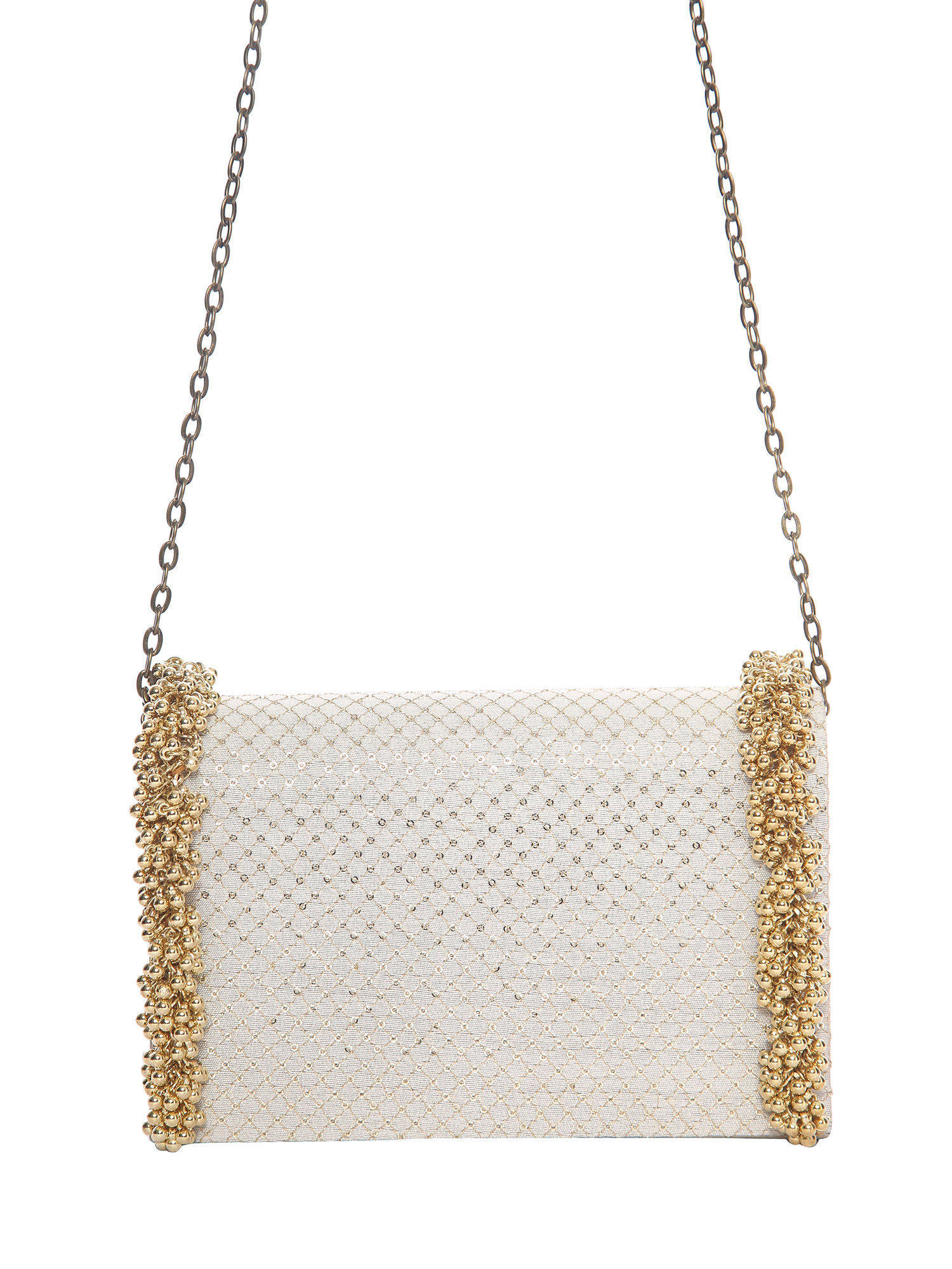 5 Elements by Radhika Gupta White Embellished Flap Clutch With Sling