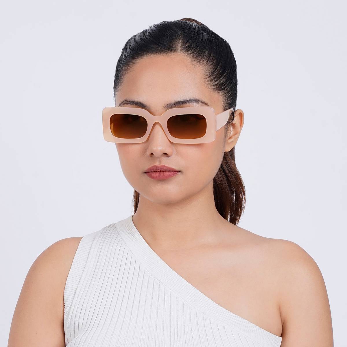 Joker & Witch Pretza Beige and Brown Rectangle Sunglasses (50)
