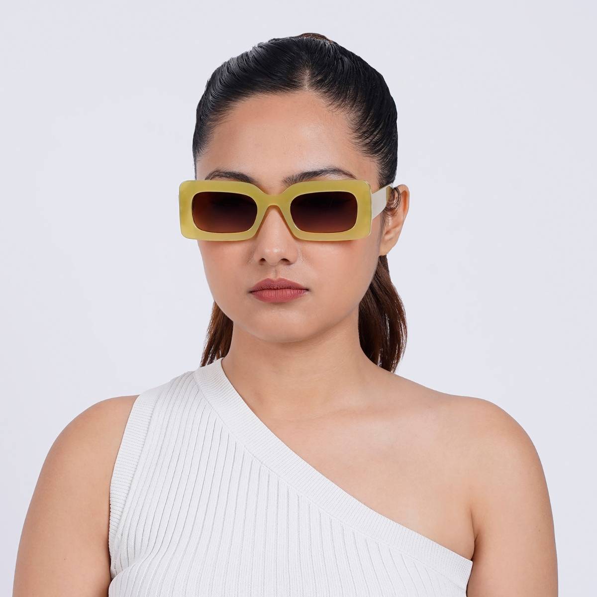 Joker & Witch Pretza Yellow and Brown Rectangle Sunglasses (50)