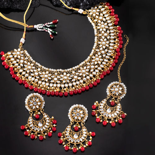 Buy Peora Traditional Kundan Red Necklace Earrings Maang Tikka - Main Image