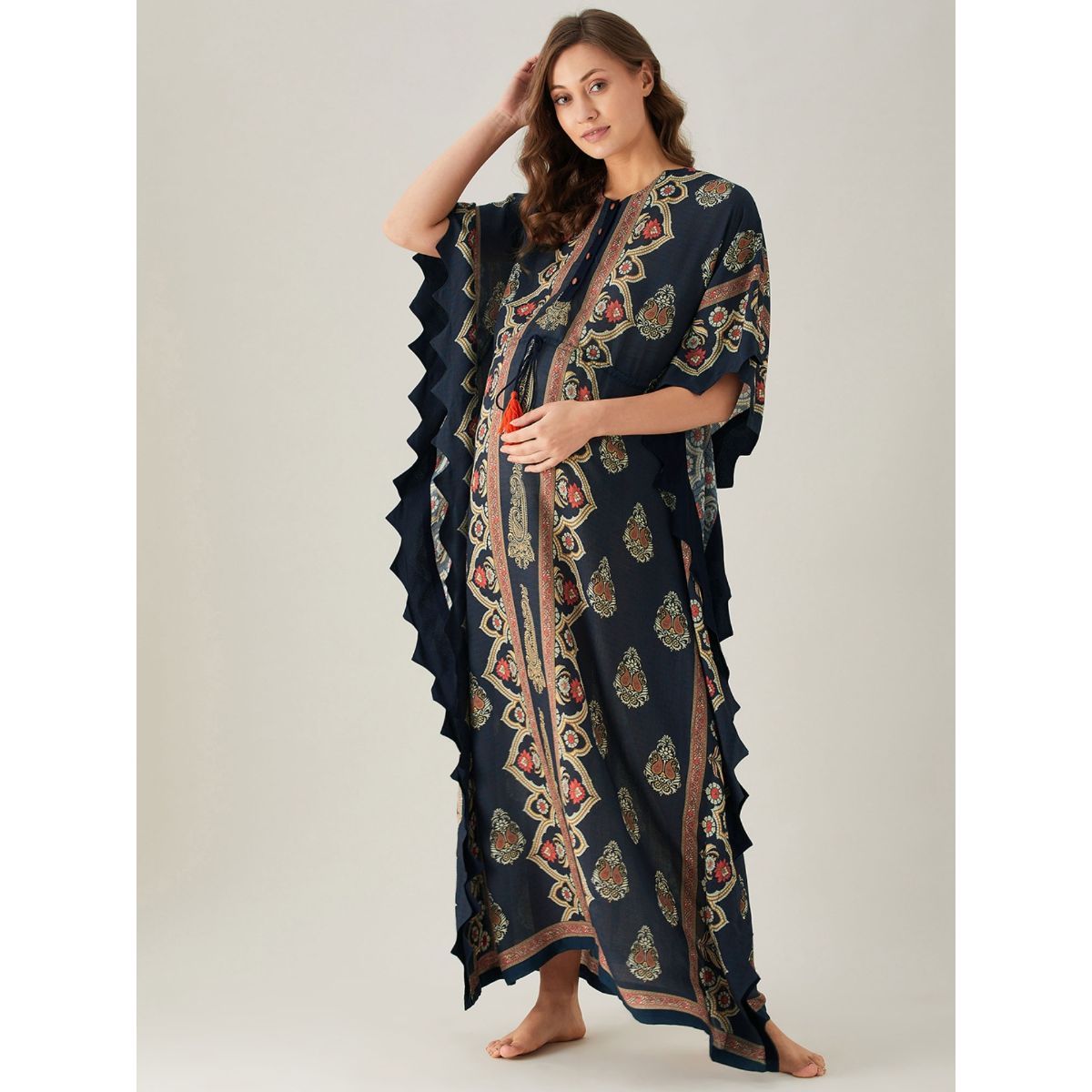 The Kaftan Company Printed Scalloped Edge Temple Paisley Maternity Kaftan Blue Buy The Kaftan