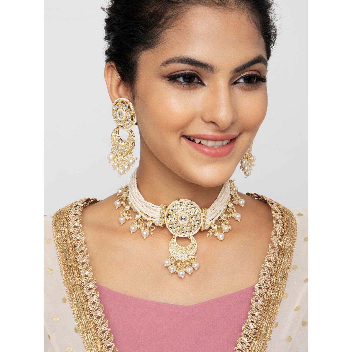 Buy Indya Gold White Beaded Circular Pearl Drop Earring and Necklace