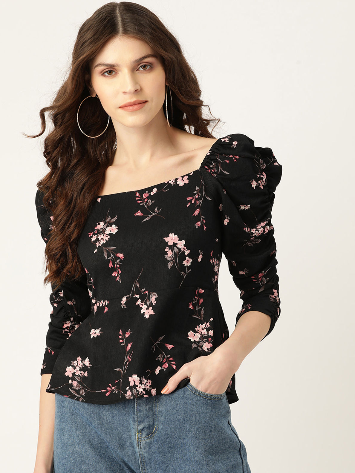 Twenty Dresses By Nykaa Fashion Black Ruched In Floral Peplum Top (XS ...