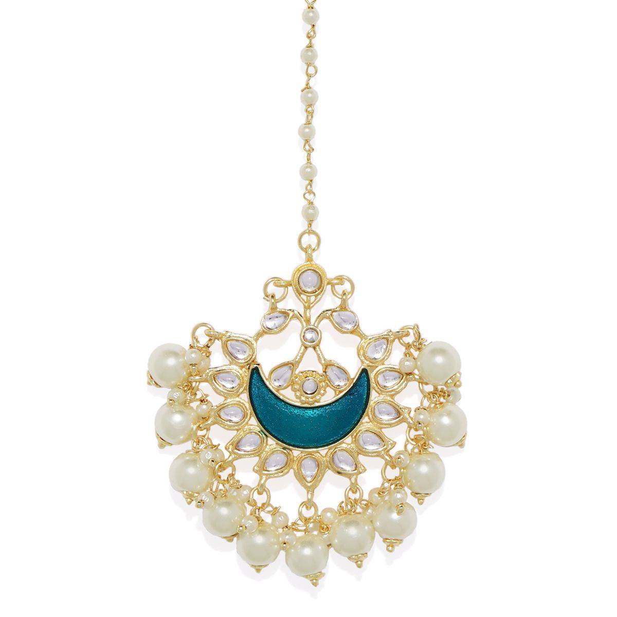 Accessher Gold-Plated & Teal Green Meenakari Kundan Maang Tikka