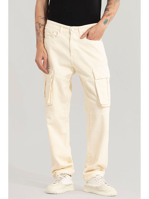 Snitch Cream Plain Relaxed Casual Cargo Pants for Men