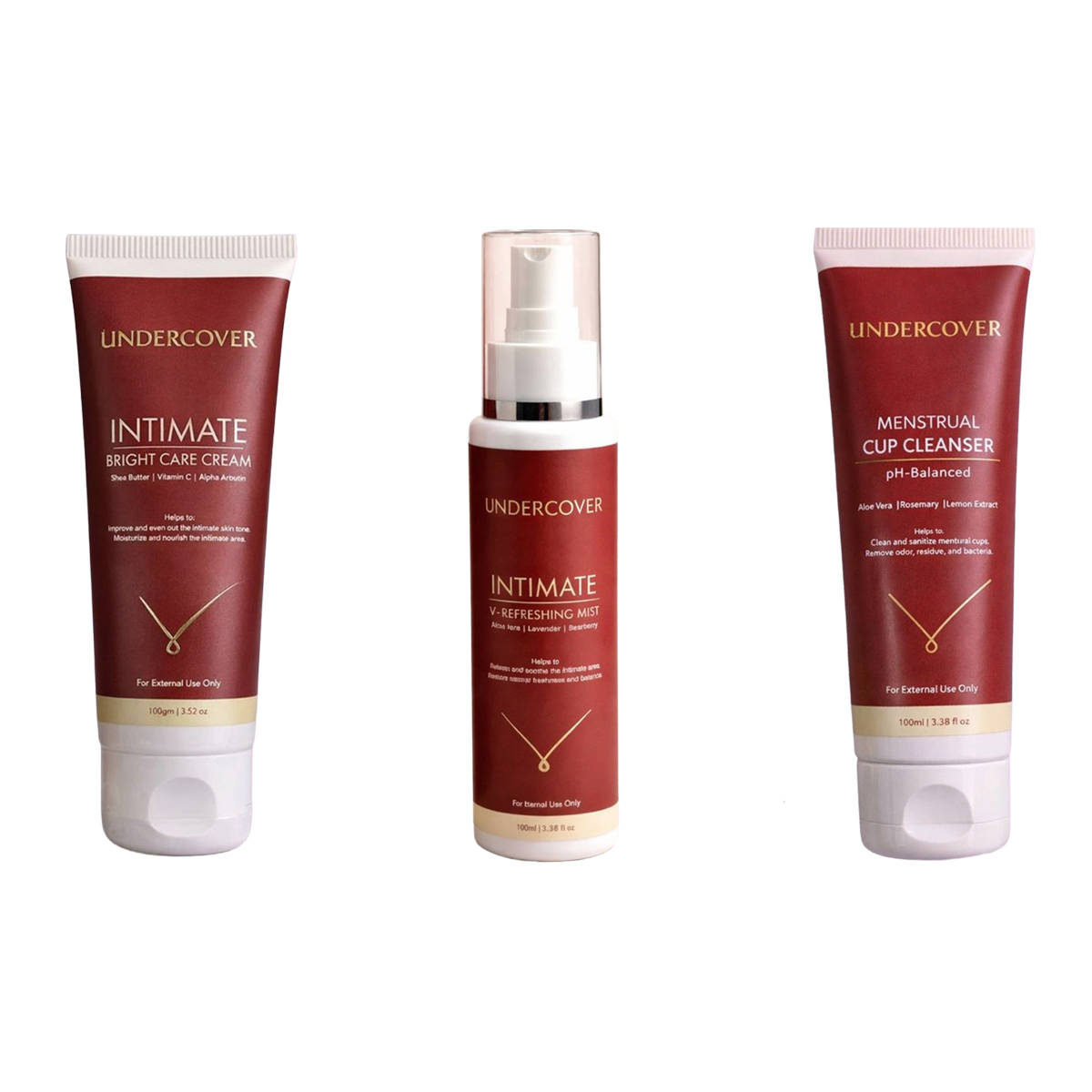 Undercover Intimate Bright Care Cream & Intimate V-Refreshing Mist & Menstrual Cup Cleanser Combo