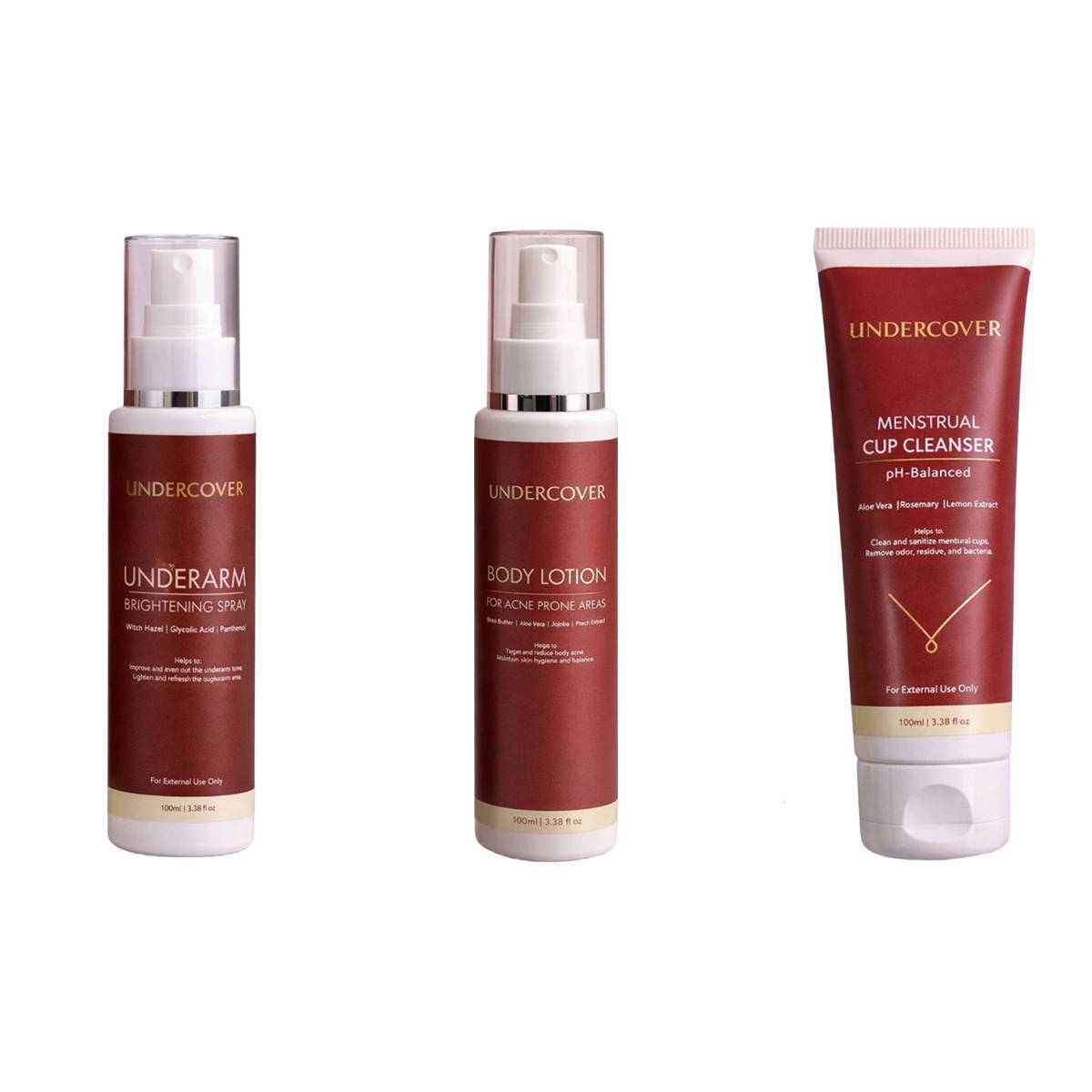 Undercover Underarm Brightening Spray & Body Acne Lotion & Menstrual Cup Cleanser Combo