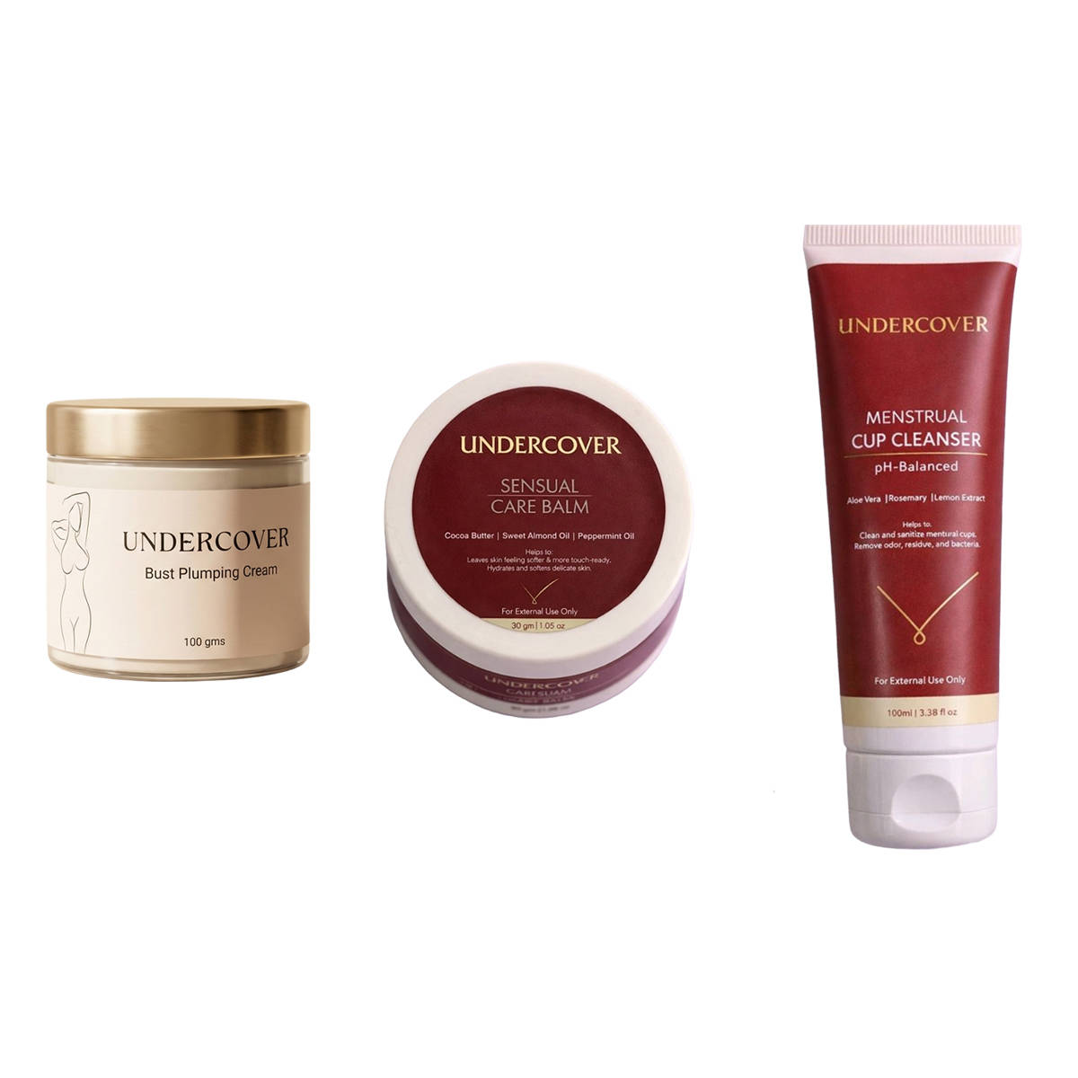 Undercover Bust Plumping Cream & Sensual Care Balm & Menstrual Cup Cleanser Combo