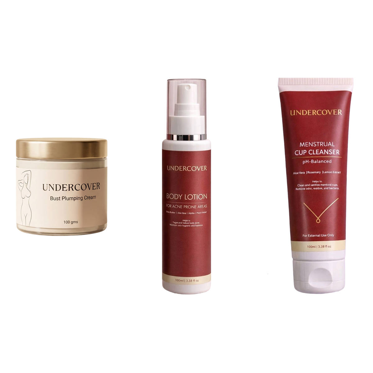 Undercover Bust Plumping Cream & Body Acne Lotion & Menstrual Cup Cleanser Combo