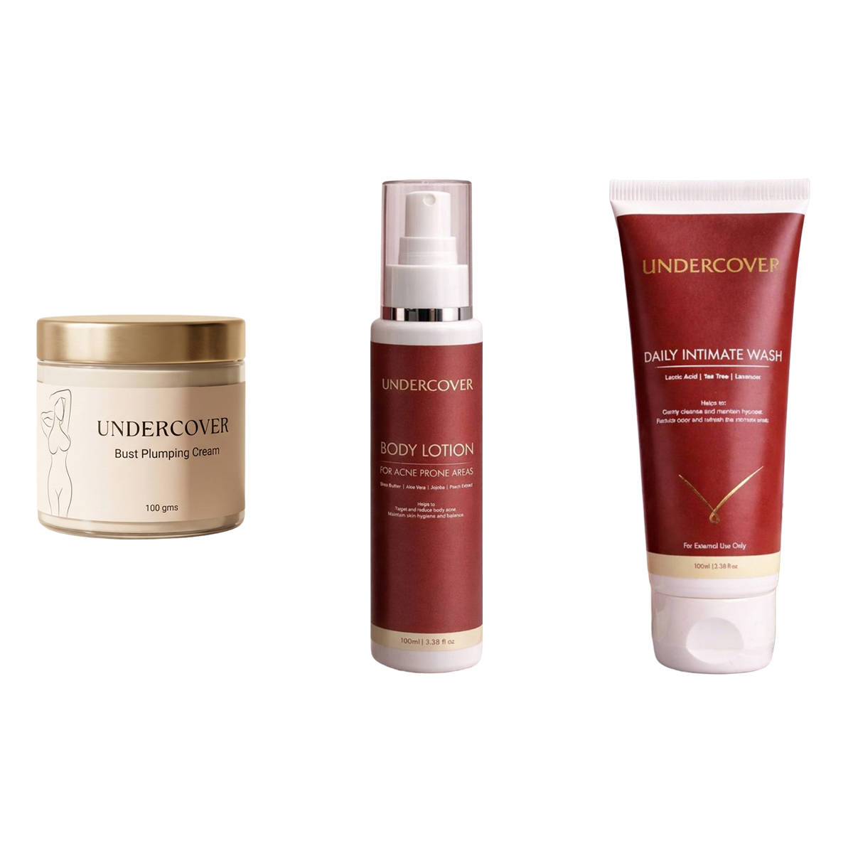 Undercover Bust Plumping Cream & Body Acne Lotion & Daily Intimate Wash Combo