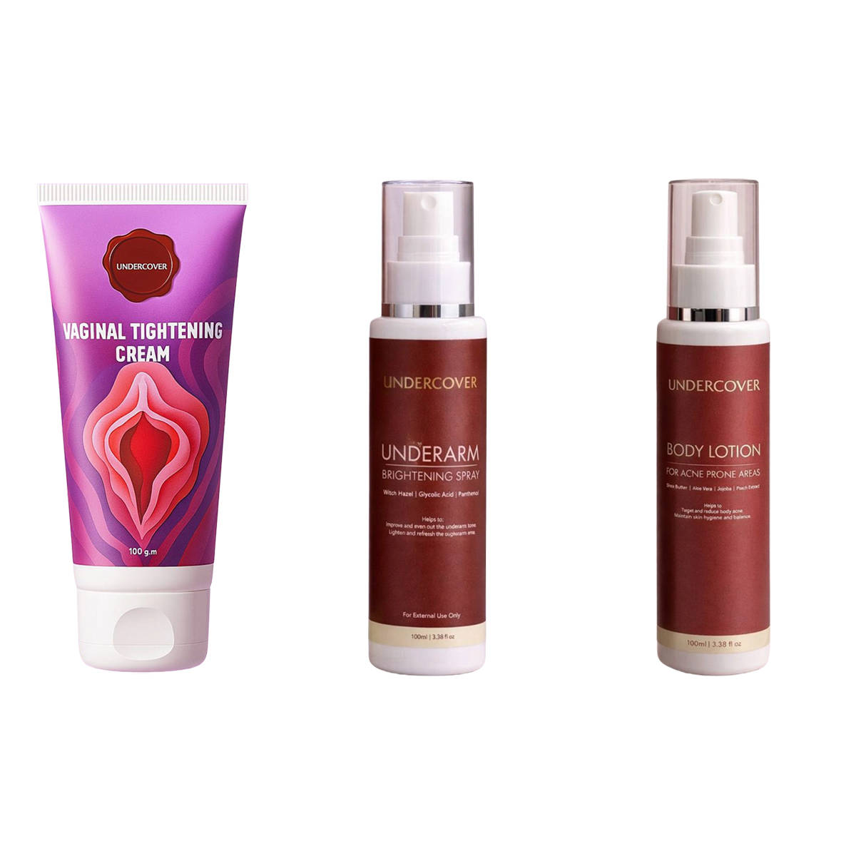 Undercover Underarm Brightening Spray & Vaginal Tightening Cream & Body Acne Lotion Combo