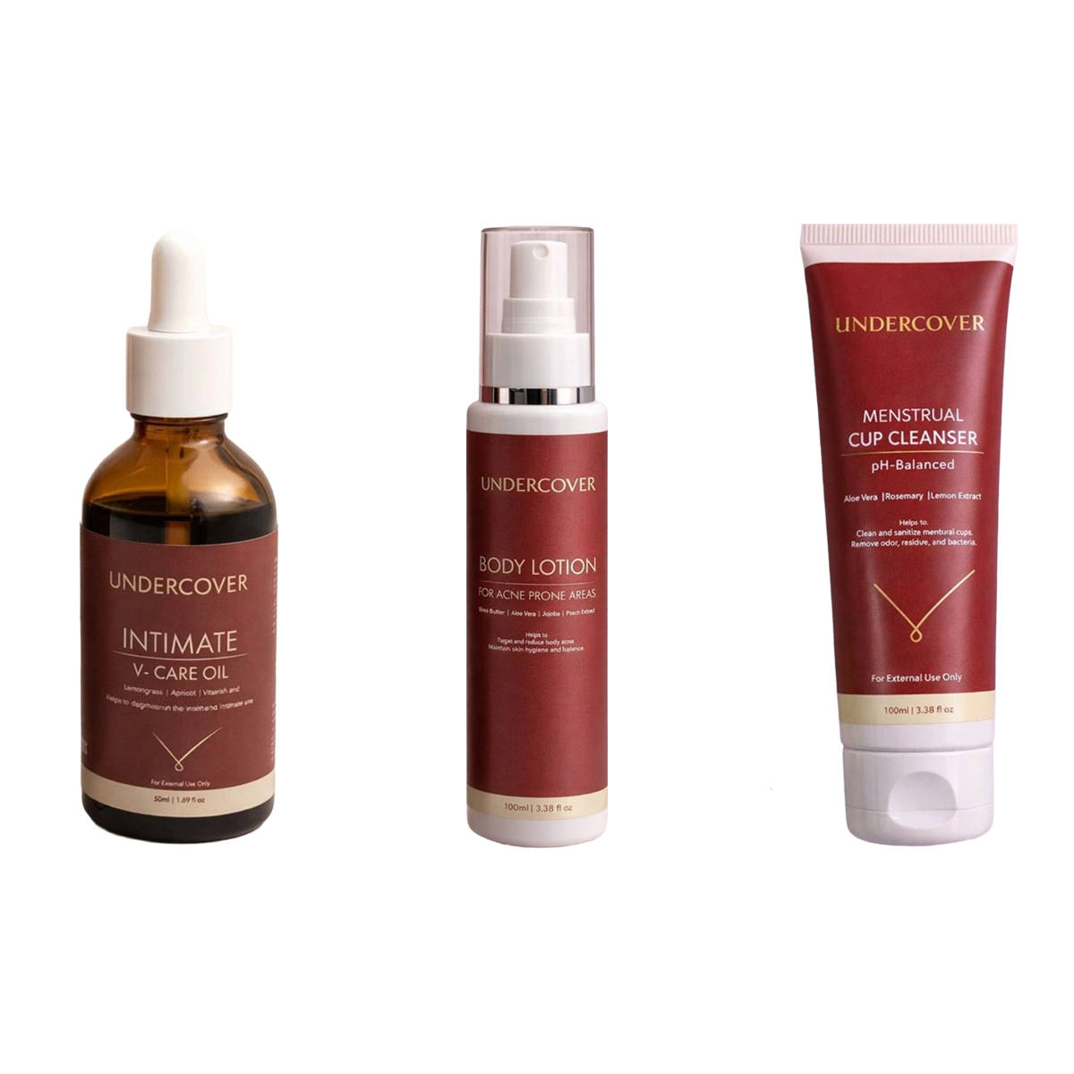 Undercover Intimate V-Care Oil & Body Acne Lotion & Menstrual Cup Cleanser Combo