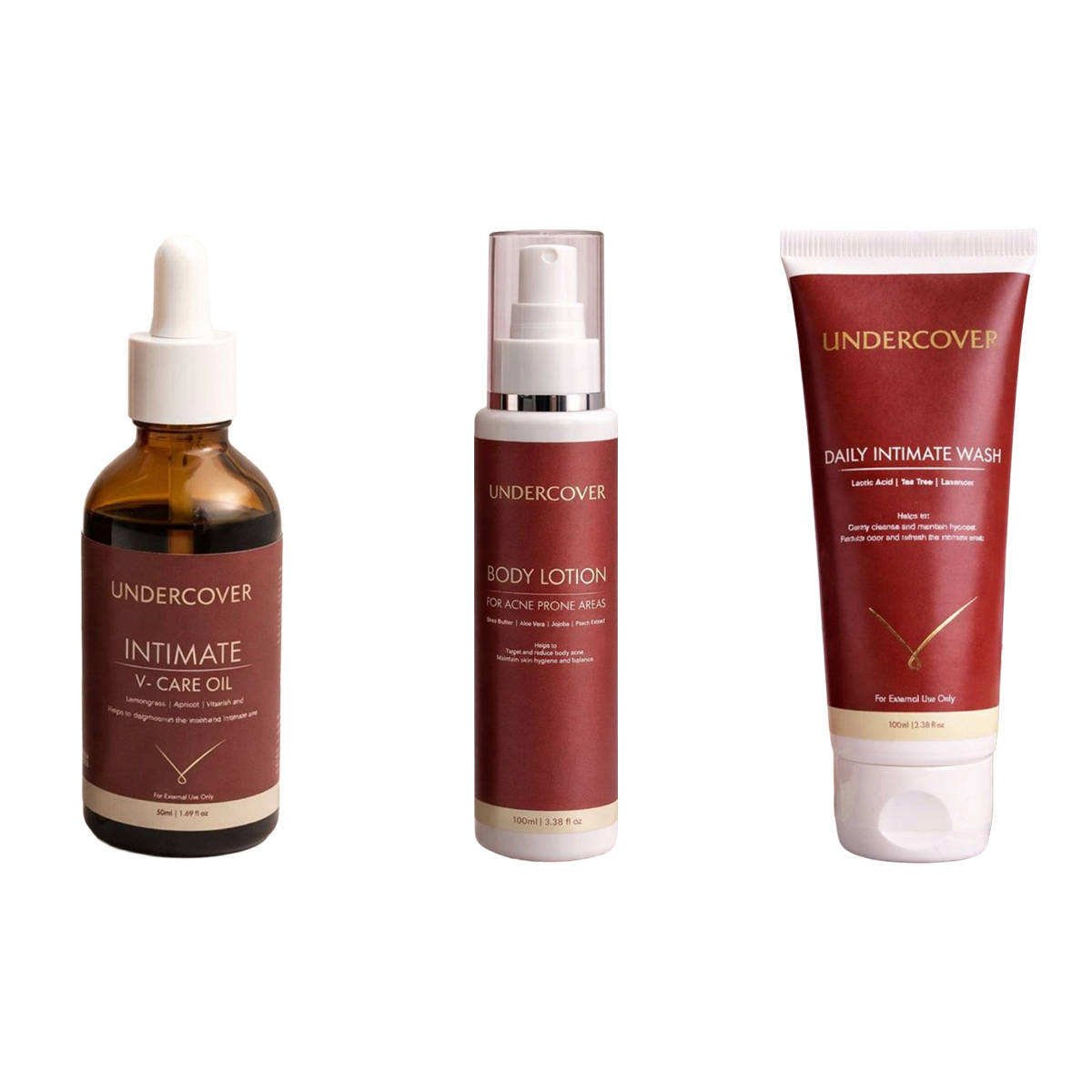 Undercover Intimate V-Care Oil & Body Acne Lotion & Daily Intimate Wash Combo