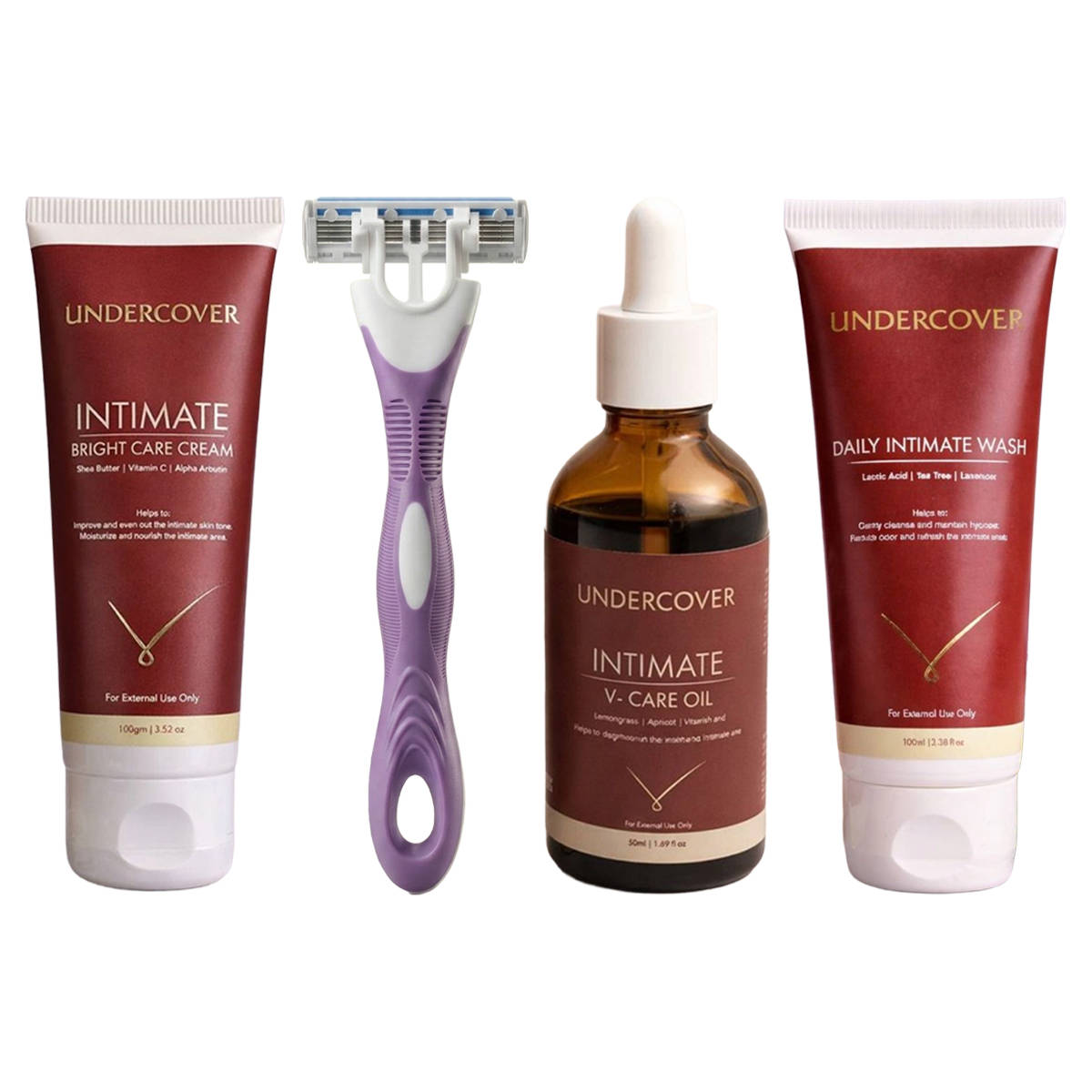 Undercover Bright Care Cream, V-Care Oil, Wash & Body Razor Combo
