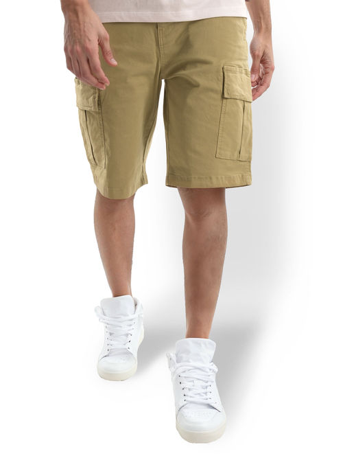 CELIO Men Khaki Solid Regular Fit Cotton Cargo Shorts