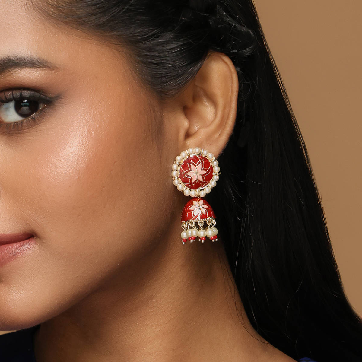 Azai by Nykaa Fashion Red Traditional Meenakari Faux Pearl Jhumkis