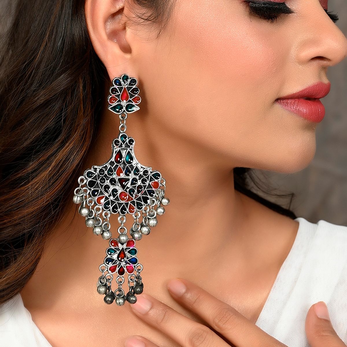Abhinn Afghani Silver Oxidised Floral Mirror Studs Big Jhumka Earrings For  Women  Oyeshop