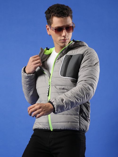 Campus Sutra Men Light Grey Puffer Jacket with Contrast Zipper