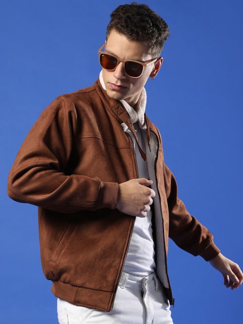 Campus Sutra Men Brown Zip Front Jacket with Fleece Detail